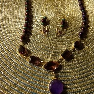 Amethyst center w/ purple iridescent beadwork necklace and earrings